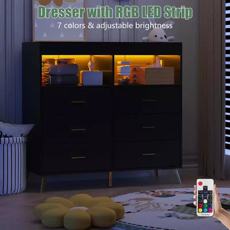 Fasciatoio Comò Cassettiera Comò Multifunzione per Bambini con Luci LED e Presa di Corrente (6 Cassetti + 2 Ripiani)