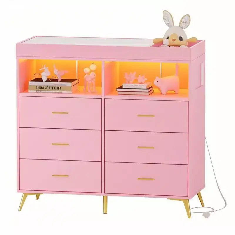 Fasciatoio Comò Cassettiera Comò Multifunzione per Bambini con Luci LED e Presa di Corrente (6 Cassetti + 2 Ripiani)