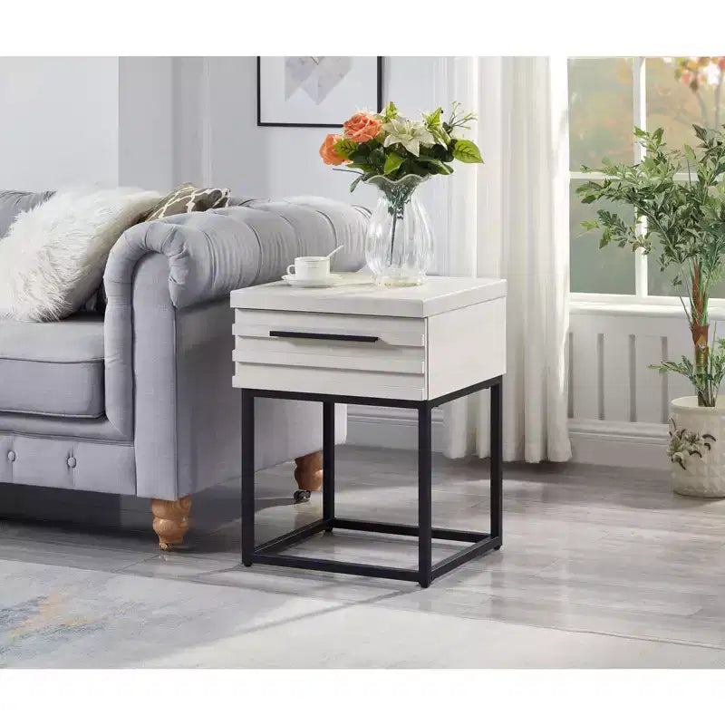 Tavolino Rustico con Cassetto Contenitore e Gambe in Metallo, Tavolino da Salotto con Piano Spesso, Tavolino d'Appoggio per Divano, Soggiorno, Camera da Letto