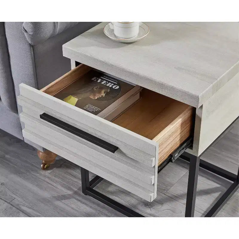 Tavolino Rustico con Cassetto Contenitore e Gambe in Metallo, Tavolino da Salotto con Piano Spesso, Tavolino d'Appoggio per Divano, Soggiorno, Camera da Letto