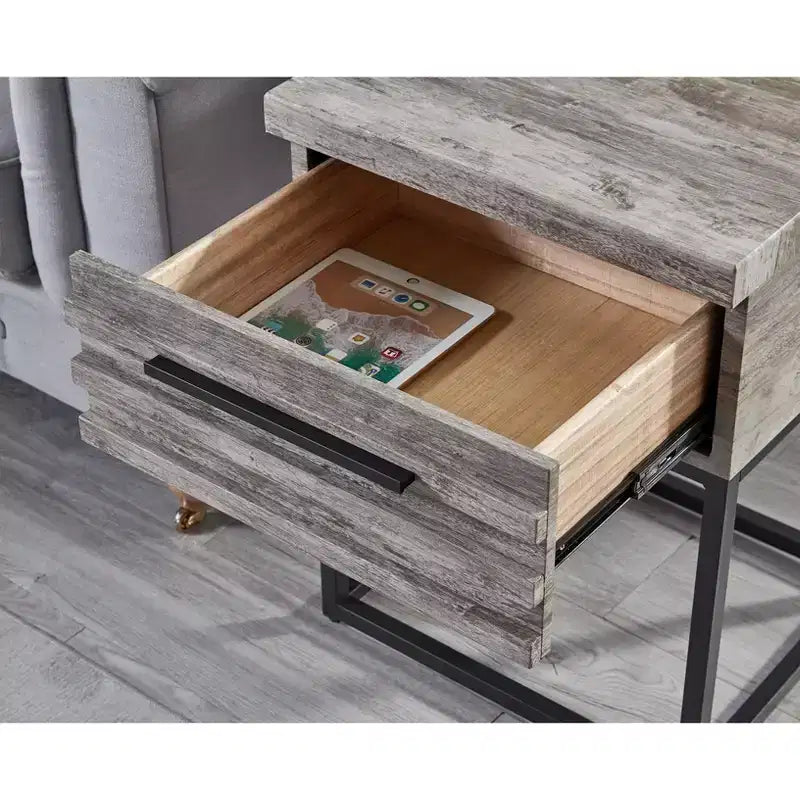 Tavolino Rustico con Cassetto Contenitore e Gambe in Metallo, Tavolino da Salotto con Piano Spesso, Tavolino d'Appoggio per Divano, Soggiorno, Camera da Letto