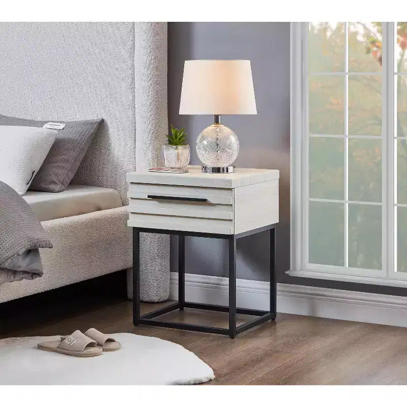 Tavolino Rustico con Cassetto Contenitore e Gambe in Metallo, Tavolino da Salotto con Piano Spesso, Tavolino d'Appoggio per Divano, Soggiorno, Camera da Letto