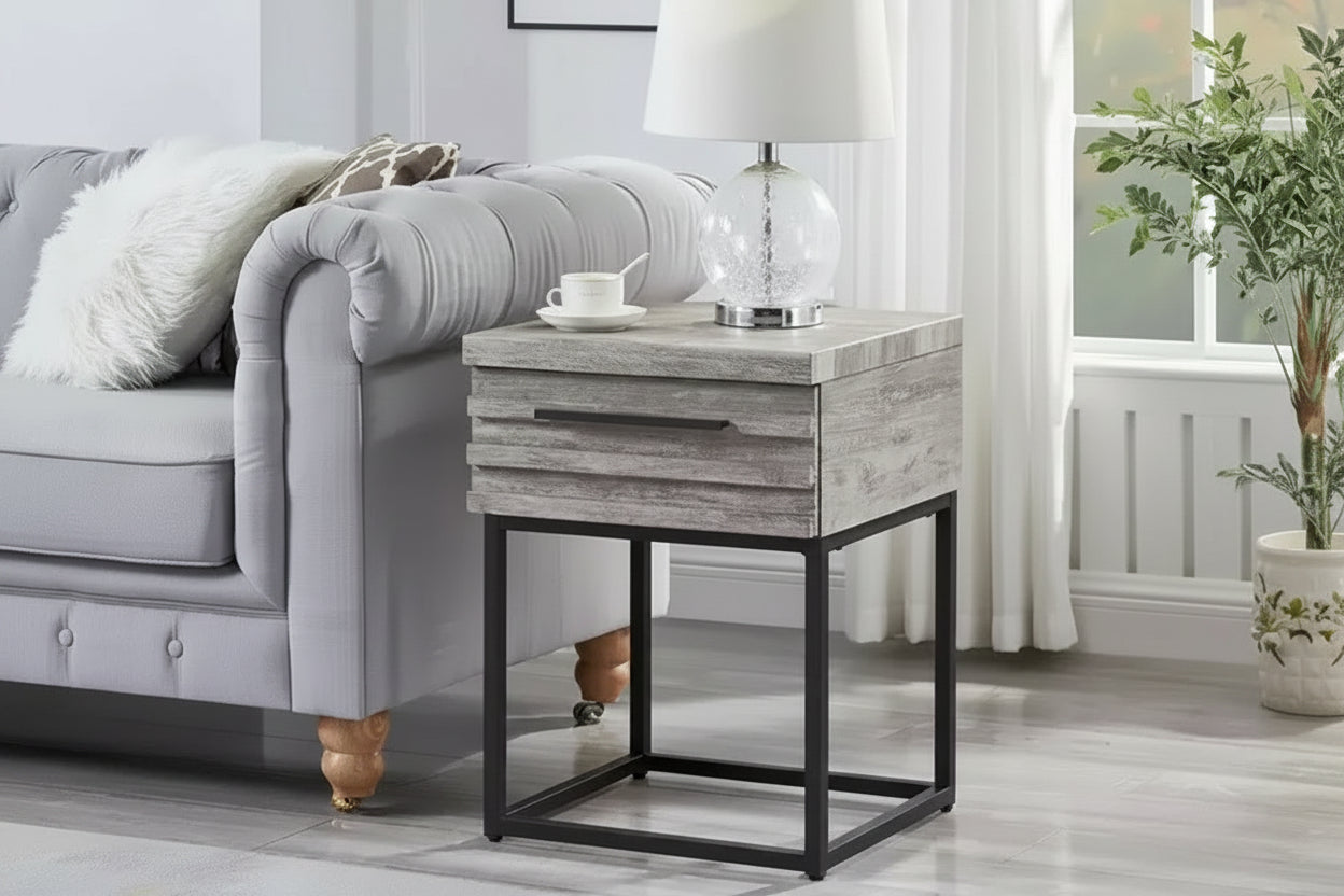 Okak Rustic Side Table with Storage Drawer and Metal Legs, End Table with Thick Tabletop, Accent Table for Sofa Side, Living Room, Bedroom